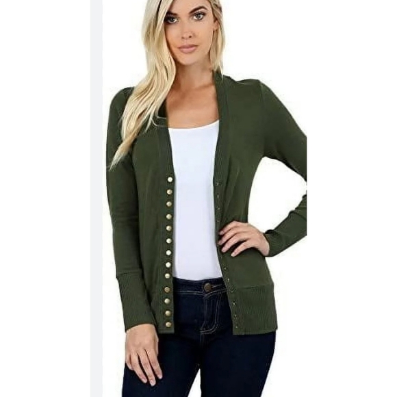 Nenona Snap front Long sleeve Cardigan Sweater Army Green Size S - Picture 1 of 11